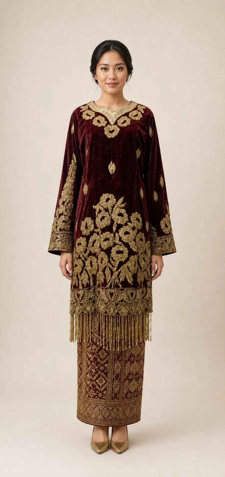 Kebaya Adat Maroon-Gold untuk Bride