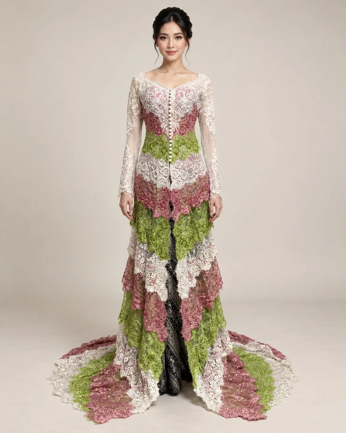 Kebaya White - Pink - Green untuk Bride