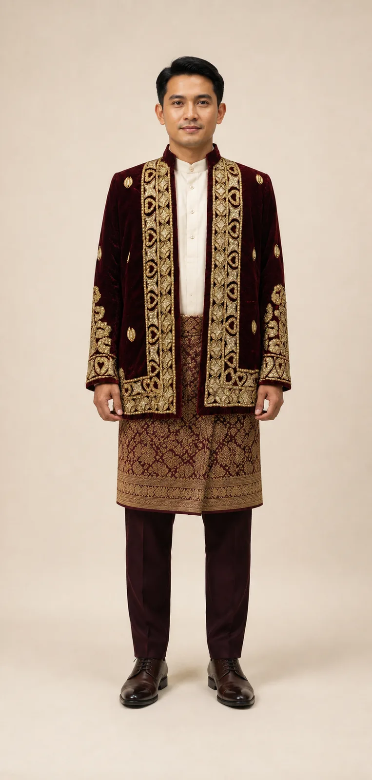 Kebaya Adat Maroon-Gold untuk Groom